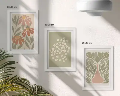 Zidna galerija slika s cvjetnim motivima, minimalističkim uzorcima i boho stilom
