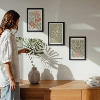 Zidna galerija slika s cvjetnim motivima, minimalističkim uzorcima i boho stilom