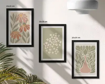 Zidna galerija slika s cvjetnim motivima, minimalističkim uzorcima i boho stilom