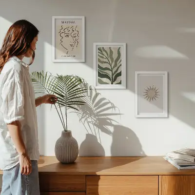 Zidna galerija slika s motivom apstraktnih biljnih uzoraka i linija u prigušenim bojama