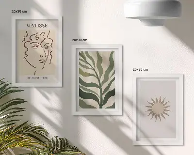 Zidna galerija slika s motivom apstraktnih biljnih uzoraka i linija u prigušenim bojama