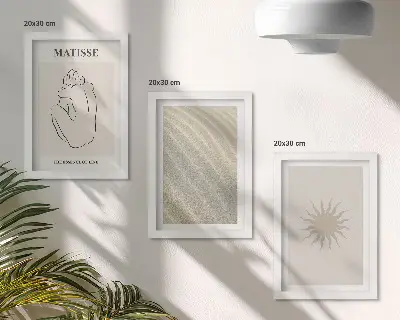 Komplet slika u okviru minimalističke linije s motivima pijeska, valova i sunca