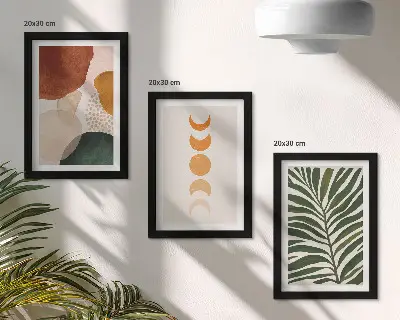 Apstraktni oblici u toplim bojama i lišće set od 3 slike u okviru
