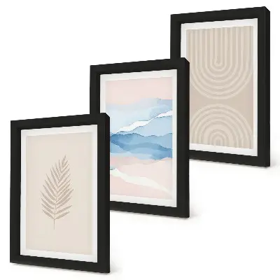 Set 3 slike u okviru motivi lišća i valova u nijansama bež i plave boje