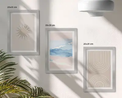 Komplet slika u okviru s motivom sunca, valova i apstraktnih linija u pastelnim bojama