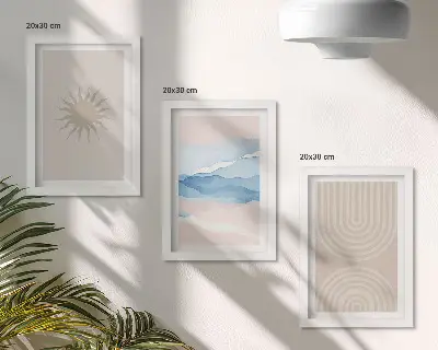 Komplet slika u okviru s motivom sunca, valova i apstraktnih linija u pastelnim bojama