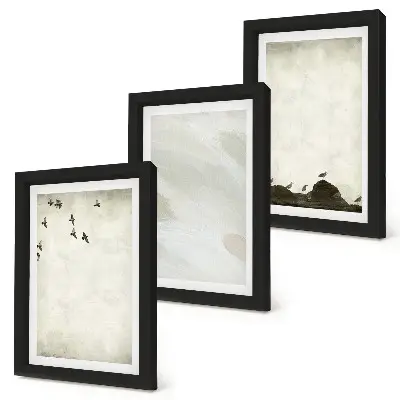Set 3 slike u okviru minimalistički motivi s pticama, kamenjem i potezima kista