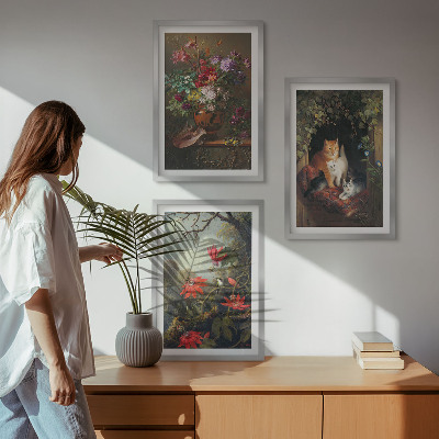 Set 3 slike u okviru Starinsko cvijeće mačke priroda