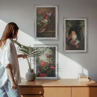 Set od 3 slike u okviru starinsko cvijeće s motivom mačaka i prirode