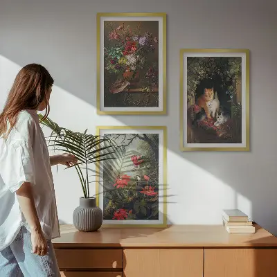 Set od 3 slike u okviru starinsko cvijeće s motivom mačaka i prirode