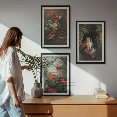 Set od 3 slike u okviru starinsko cvijeće s motivom mačaka i prirode