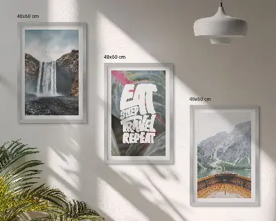 Slika triptih na platnu vodopad, planine i brod u okviru