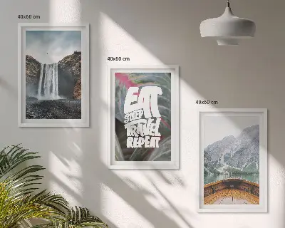 Slika triptih na platnu vodopad, planine i brod u okviru
