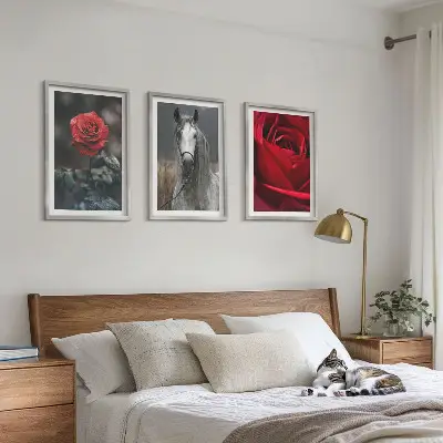 Set od 3 slike u okviru crvene ruže i sivi konj