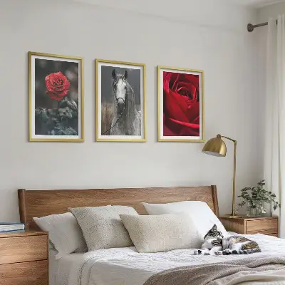 Set od 3 slike u okviru crvene ruže i sivi konj