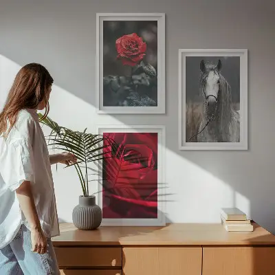 Set od 3 slike u okviru crvene ruže i sivi konj