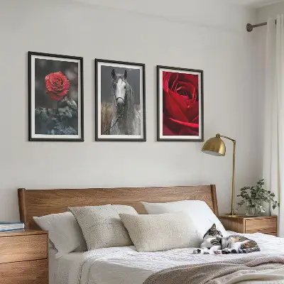Set od 3 slike u okviru crvene ruže i sivi konj