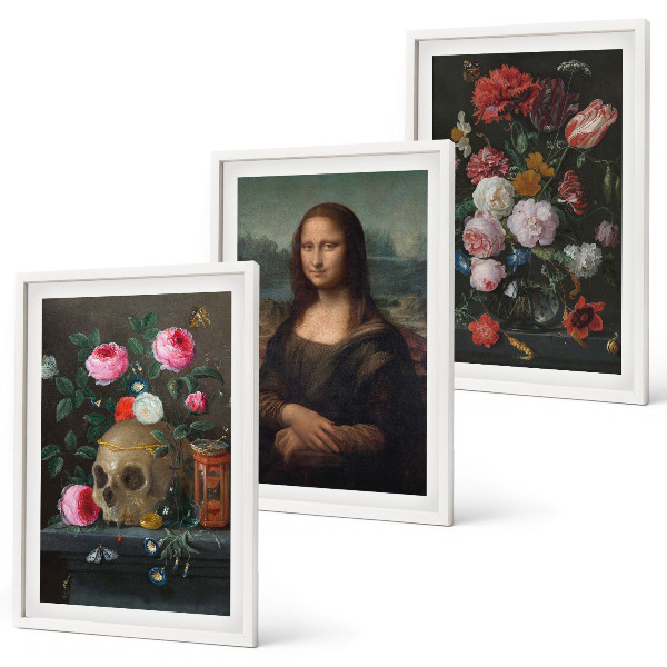 Set 3 slike u okviru Portret lubanje s cvijećem Mona Lisa