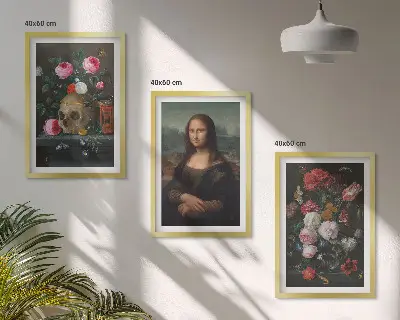 Portret lubanje s cvijećem Mona Lisa set od 3 slike u okviru