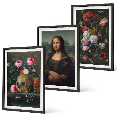 Set 3 slike u okviru Portret lubanje s cvijećem Mona Lisa