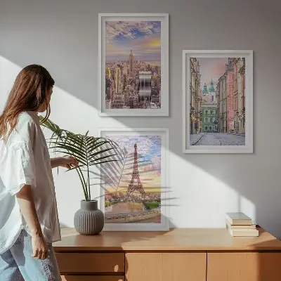 Slika triptih Gradovi New York Pariz Sumrak u okviru