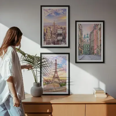 Slika triptih Gradovi New York Pariz Sumrak u okviru