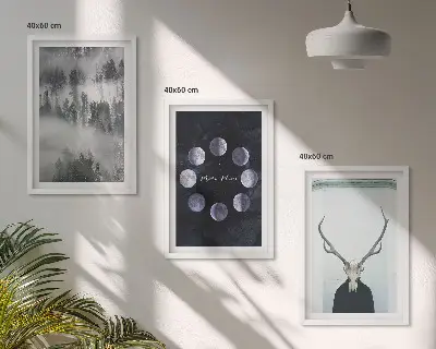 Set od 3 slike u okviru šumski krajolik s maglom, mjesecom i jelenjom lubanjom