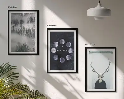 Set od 3 slike u okviru šumski krajolik s maglom, mjesecom i jelenjom lubanjom