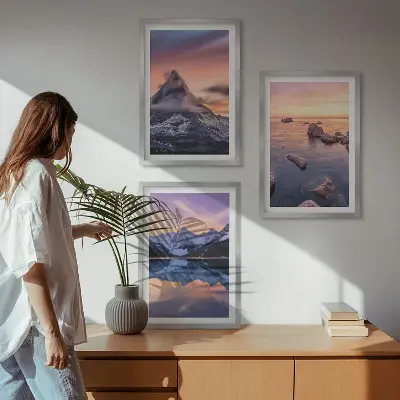 Zidna galerija planinski krajolik s jezerom i zalaskom sunca