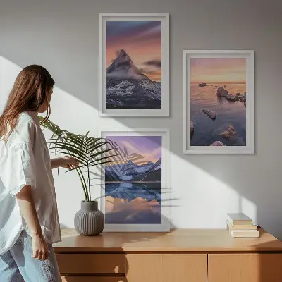 Zidna galerija planinski krajolik s jezerom i zalaskom sunca