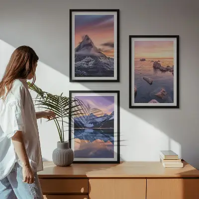 Zidna galerija planinski krajolik s jezerom i zalaskom sunca