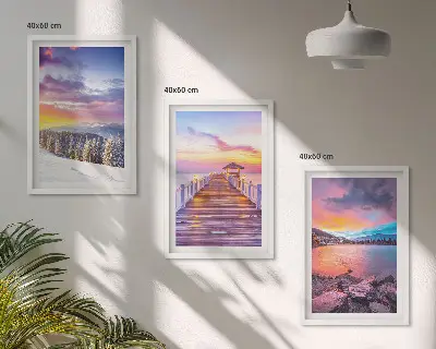 Zimski planinski krajolik jezera set od 3 slike u okviru