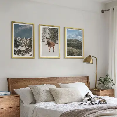 Set od 3 slike u okviru planinski snježni šumski krajolik s jelenima