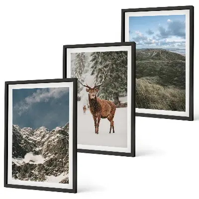 Set od 3 slike u okviru planinski snježni šumski krajolik s jelenima