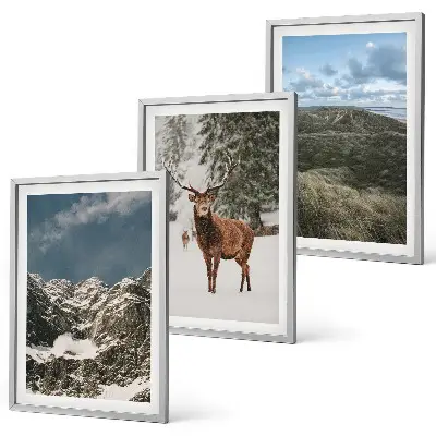 Set od 3 slike u okviru planinski snježni šumski krajolik s jelenima