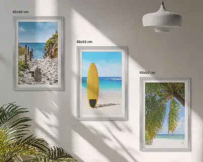 Set od 3 slike u okviru s motivom plaže, valova i palmi