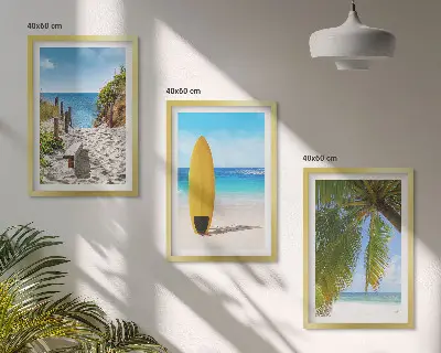 Set od 3 slike u okviru s motivom plaže, valova i palmi