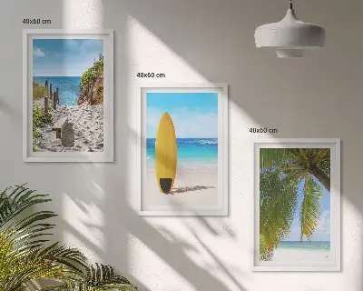 Set od 3 slike u okviru s motivom plaže, valova i palmi