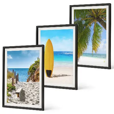 Set od 3 slike u okviru s motivom plaže, valova i palmi