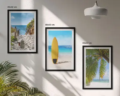 Set od 3 slike u okviru s motivom plaže, valova i palmi