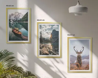 Zidna galerija zalazak sunca u čamcu na planinskom jezeru s jelenom