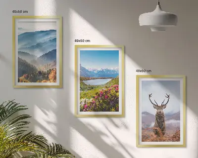 Set 3 slike u okviru priroda s jelenom uz planinsko jezero