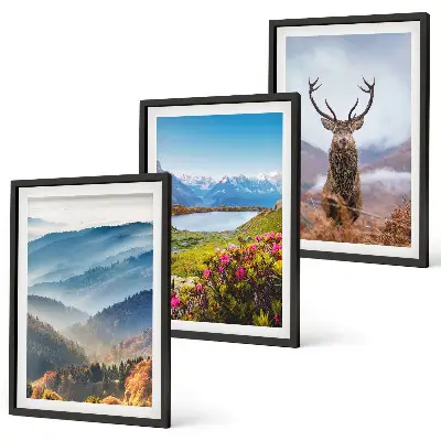 Set 3 slike u okviru priroda s jelenom uz planinsko jezero