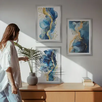 Plavi apstraktni uzorci triptih u okviru