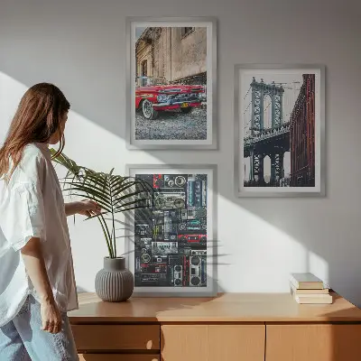 Set od 3 slike u okviru motivi starog automobilskog mosta u Brooklynu i retro audija