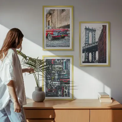 Set od 3 slike u okviru motivi starog automobilskog mosta u Brooklynu i retro audija
