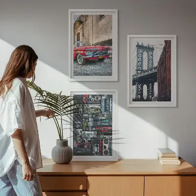 Set od 3 slike u okviru motivi starog automobilskog mosta u Brooklynu i retro audija