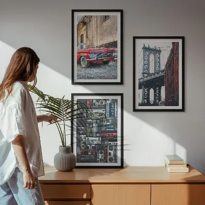 Set od 3 slike u okviru motivi starog automobilskog mosta u Brooklynu i retro audija