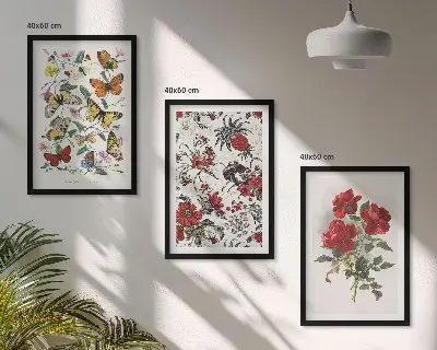Set od 3 slike u okviru s motivom leptira, cvijeća i crvenih ruža