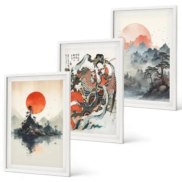 Zidna galerija slike u japandi stilu s motivima iz Azije